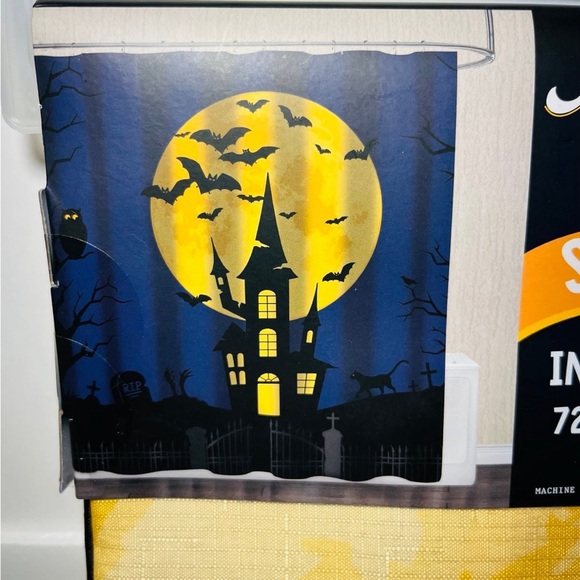 Happy Halloween Haunted House Bats Shower Curtain Includes 12 Metal Hooks - Picture 2 of 10